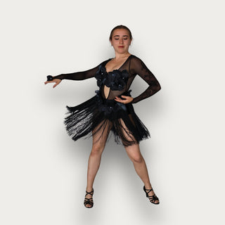 Persephone Black Latin Dance Dress with Flower and Pearl Design, Built-In Bodysuit and Fringe Skirt for Ballroom and Salsa