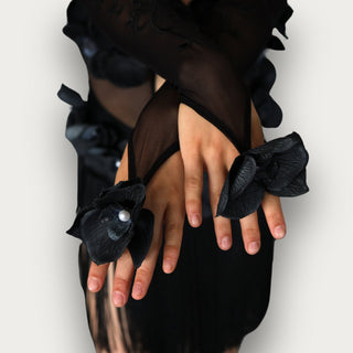 Persephone Black Latin Dance Dress with Flower and Pearl Design, Built-In Bodysuit and Fringe Skirt for Ballroom and Salsa