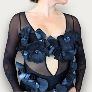 Persephone Black Latin Dance Dress with Flower and Pearl Design, Built-In Bodysuit and Fringe Skirt for Ballroom and Salsa