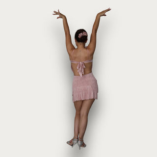 Thalia Pink Fringe Latin Dance Dress with Built-In Bodysuit, Padded Bra and Satin Flower for Salsa, Cha-Cha, Tango and Swing