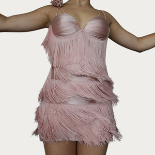 Thalia Pink Fringe Latin Dance Dress with Built-In Bodysuit, Padded Bra and Satin Flower for Salsa, Cha-Cha, Tango and Swing