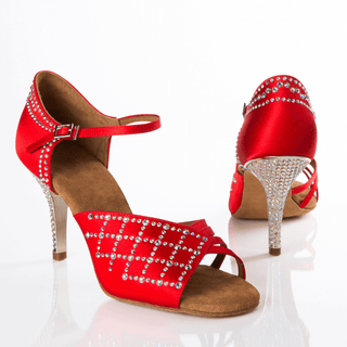 Protanca Crystal Women's Dance Shoes in Satin with Rhinestones, T-Strap and Side Buckle for Tango, Salsa, Bachata, Latin