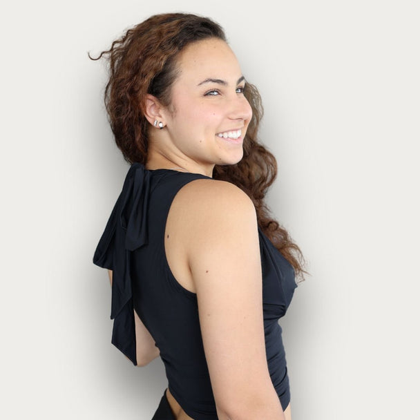 Abigail Black Cowl Neck Dance Top in Stretchy Spandex with Built-In Bra and Back Tie for Comfort, Elegance and Versatile Wear