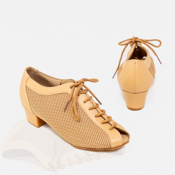 Alyce Women's Practice Dance Shoes with Leather and Mesh, Open Toe, Lace-Up Design, Split Sole and Cushioning for Comfort