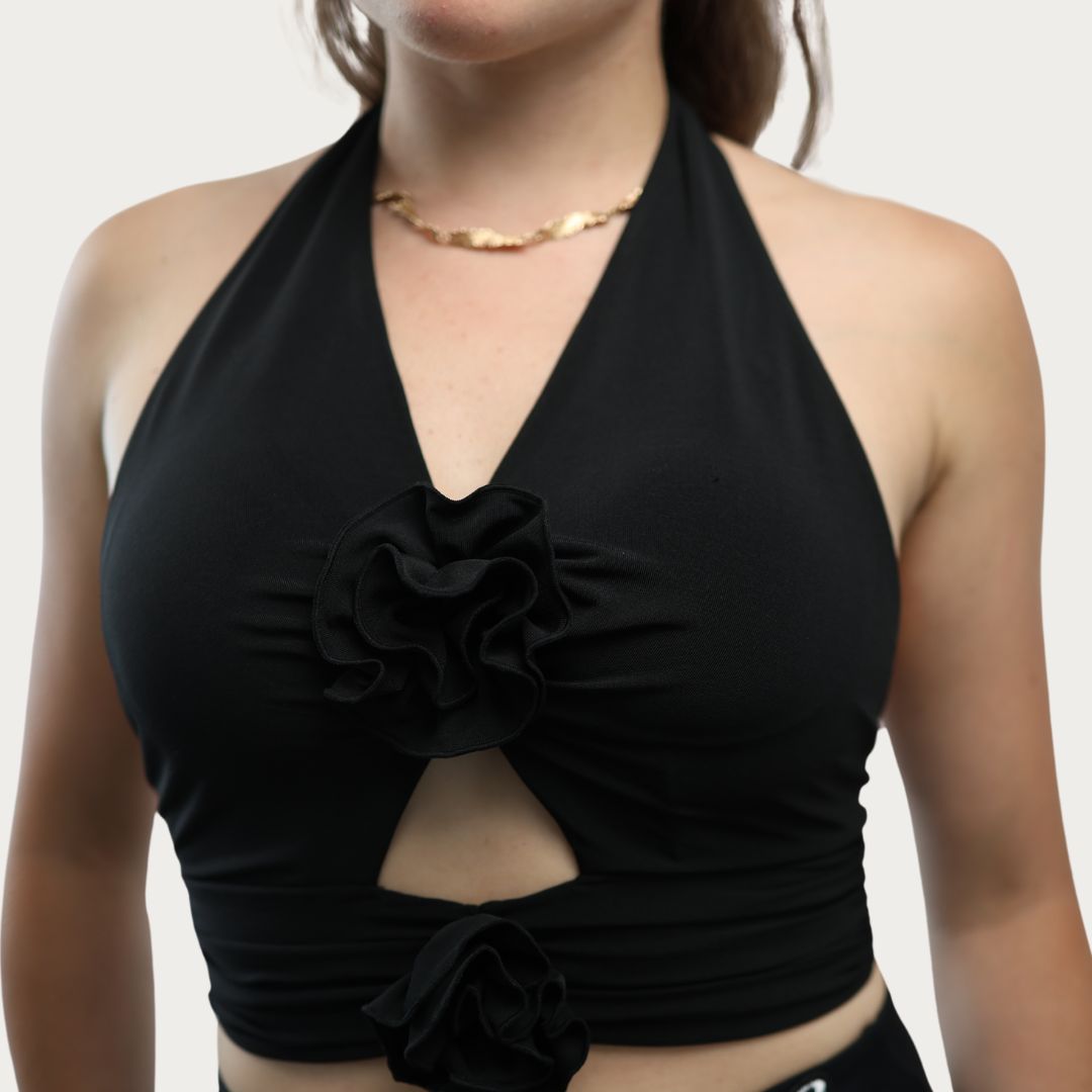 Margarita Black Flower Dance Practice Top with Stretchy Fabric, Triangle Cut Front and Secure Fit for Dance Training or Casual Wear