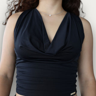 Abigail Black Cowl Neck Dance Top in Stretchy Spandex with Built-In Bra and Back Tie for Comfort, Elegance and Versatile Wear
