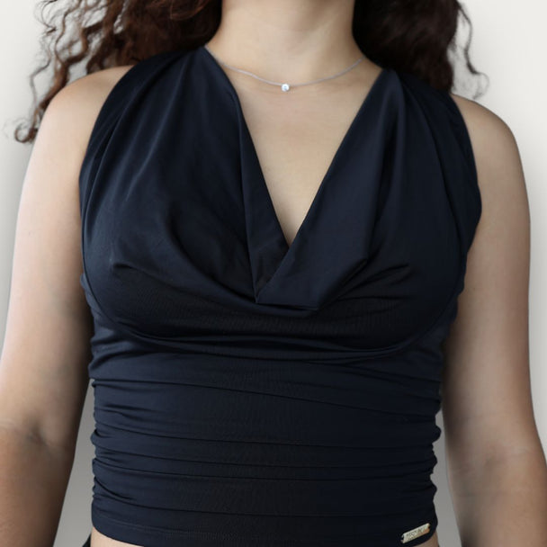 Abigail Black Cowl Neck Dance Top in Stretchy Spandex with Built-In Bra and Back Tie for Comfort, Elegance and Versatile Wear