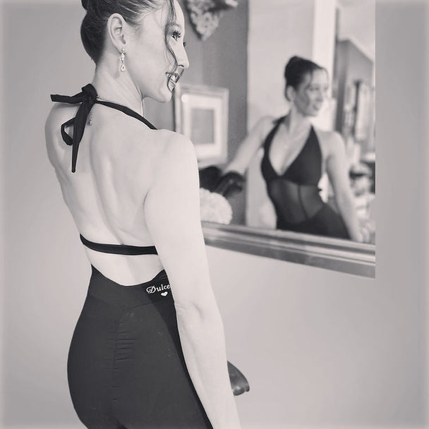 Black Mesh Dance Jumpsuit with Open Back, Adjustable Tie, Pockets and Breathable Stretch Fabric for Dance Training and Social