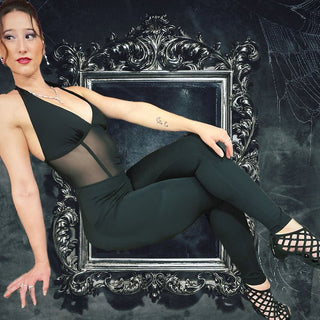 Black Mesh Dance Jumpsuit with Open Back, Adjustable Tie, Pockets and Breathable Stretch Fabric for Dance Training and Social