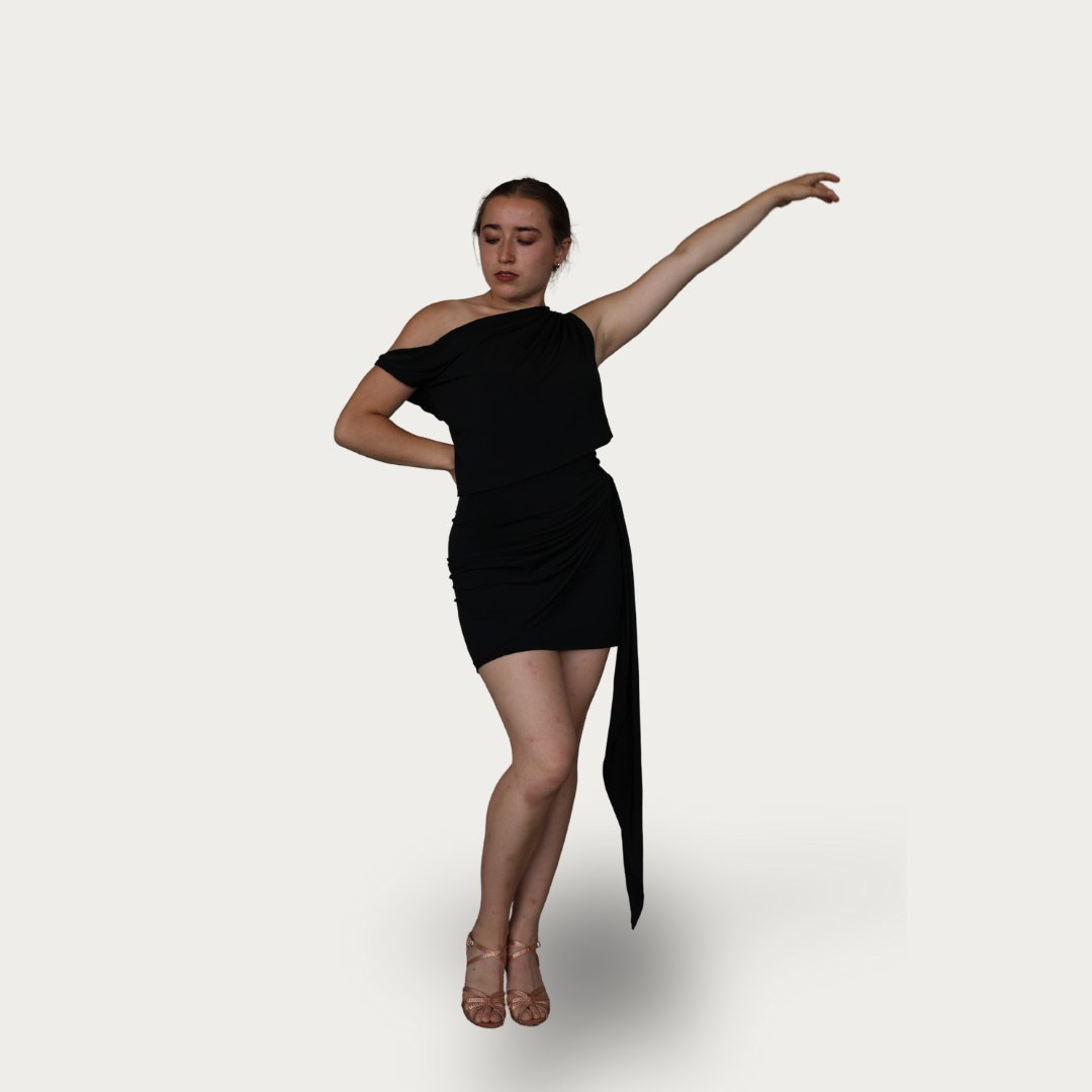 Cecelia Black Dance Dress with Off-the-Shoulder Design, Built-In Bodysuit and Flowing Fabric for Teaching and Practice Wear