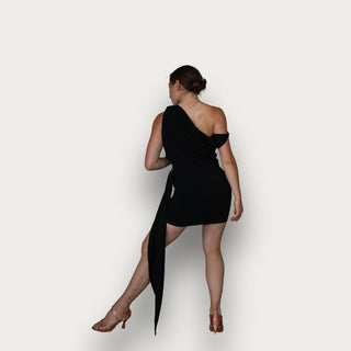 Cecelia Black Dance Dress with Off-the-Shoulder Design, Built-In Bodysuit and Flowing Fabric for Teaching and Practice Wear