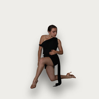 Cecelia Black Dance Dress with Off-the-Shoulder Design, Built-In Bodysuit and Flowing Fabric for Teaching and Practice Wear