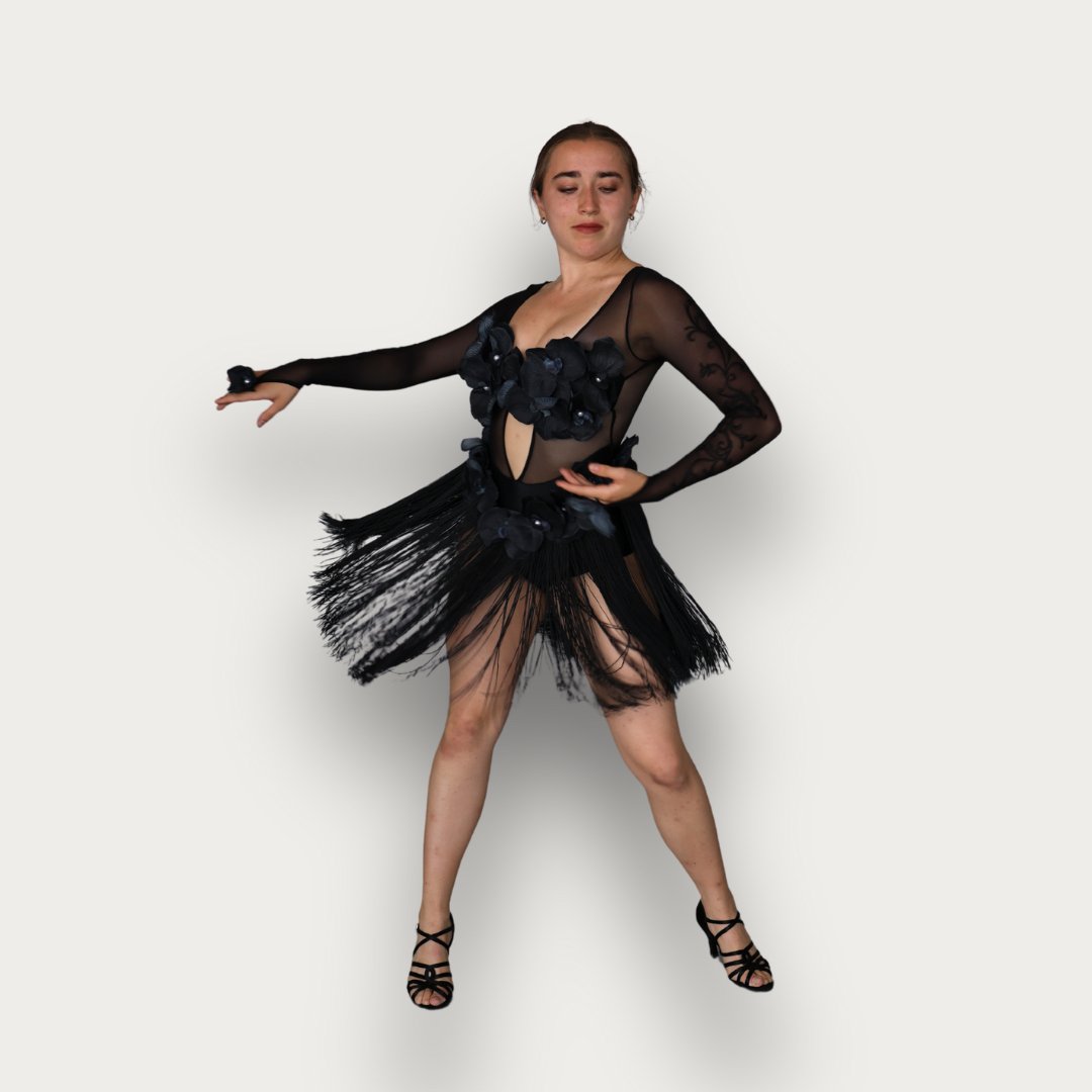 Persephone Black Latin Dance Dress with Flower and Pearl Design, Built-In Bodysuit and Fringe Skirt for Ballroom and Salsa
