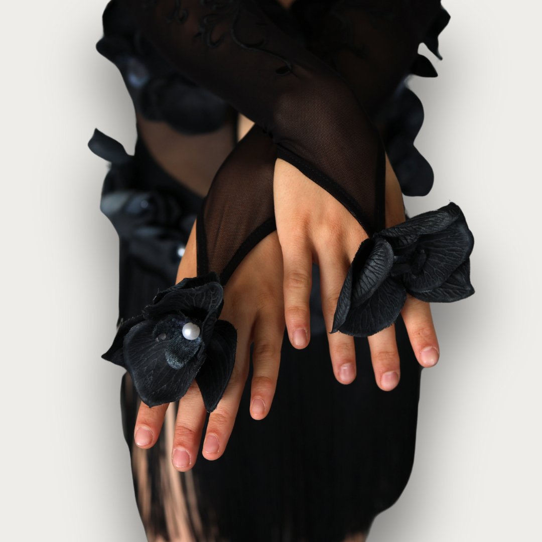 Persephone Black Latin Dance Dress with Flower and Pearl Design, Built-In Bodysuit and Fringe Skirt for Ballroom and Salsa