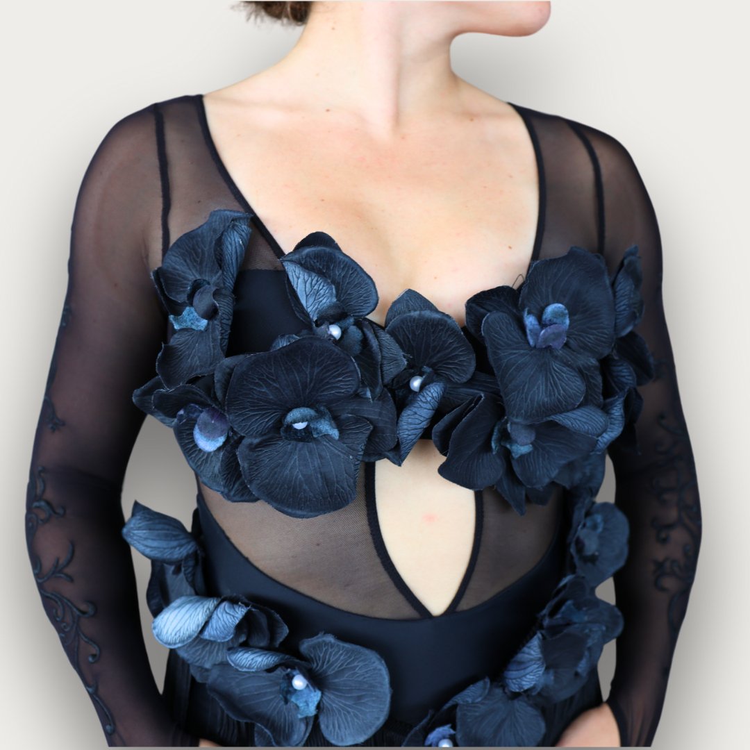 Persephone Black Latin Dance Dress with Flower and Pearl Design, Built-In Bodysuit and Fringe Skirt for Ballroom and Salsa