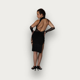 Anya Black Latin Dance Dress with Handmade Mesh Design, Built-In Bodysuit and Gloves for Salsa, Cha-Cha, Hustle and Ballroom