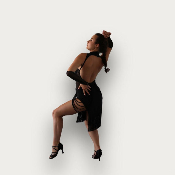 Anya Black Latin Dance Dress with Handmade Mesh Design, Built-In Bodysuit and Gloves for Salsa, Cha-Cha, Hustle and Ballroom