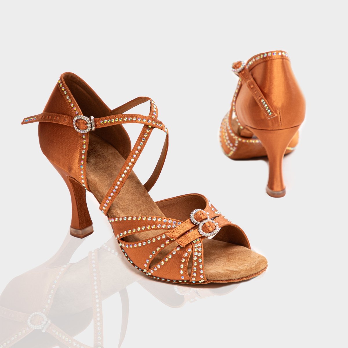 Feronia Shine Women's Latin Dance Shoes in Silk with Rhinestones, Adjustable Buckles and Cushioning for Salsa, Bachata and Tango