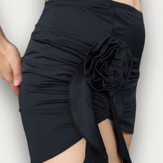 Joana - Black Flower Practice/Performance Short Skirt for Latin Dance - iLoveDanceShoes