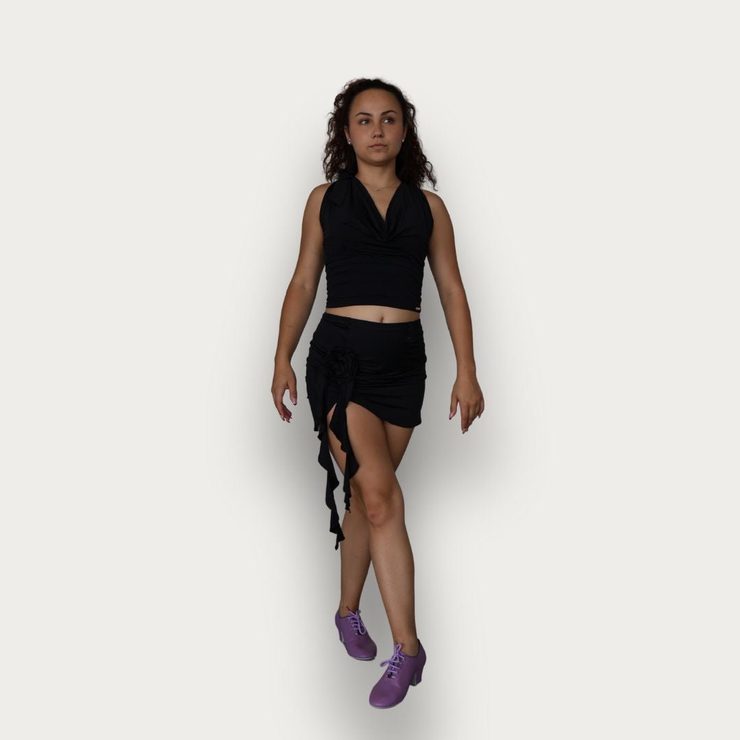 Joana - Black Flower Practice/Performance Short Skirt for Latin Dance - iLoveDanceShoes
