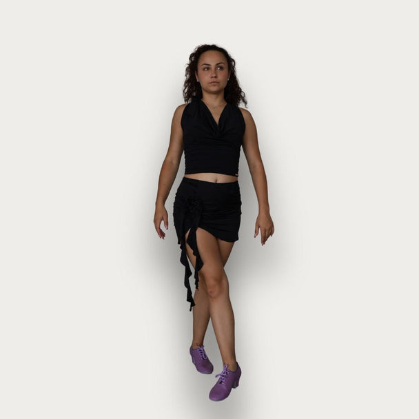 Joana - Black Flower Practice/Performance Short Skirt for Latin Dance - iLoveDanceShoes