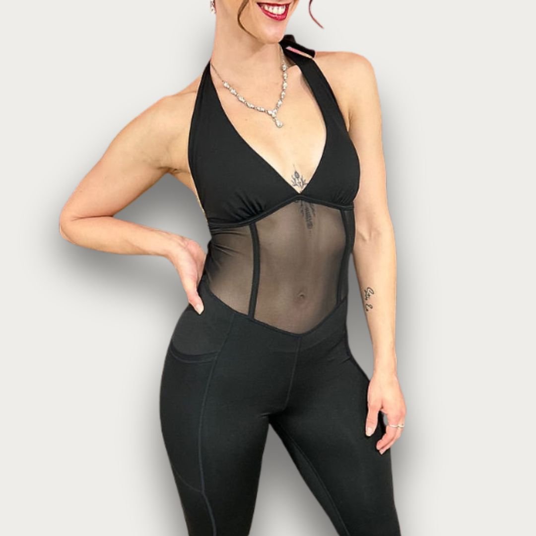 Black Mesh Dance Jumpsuit with Open Back, Adjustable Tie, Pockets and Breathable Stretch Fabric for Dance Training and Social