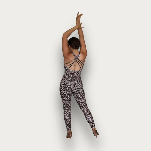 Leopard Print Dance Jumpsuit with Stretchy, Breathable and Moisture-Wicking Fabric for Dance Training and Social Dancing