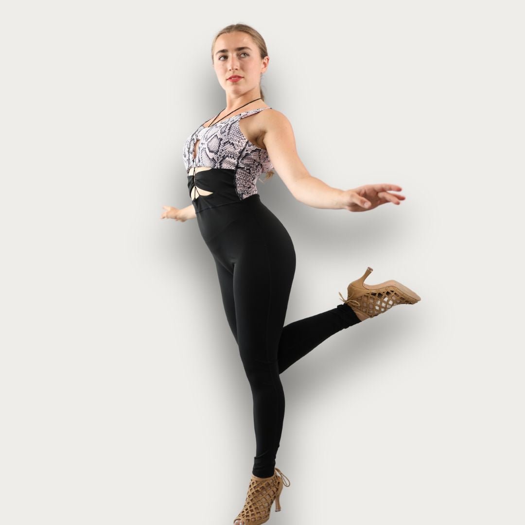 Snake Skin Lace Front Dance Jumpsuit with Adjustable Lacing, Soft Flexible Material and Flattering Fit for Training and Social