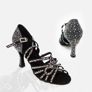 Luna Shine Women's Latin Dance Shoes in Satin with Rhinestones, Strappy Open Toe and Cushioning for Salsa, Tango and Performance
