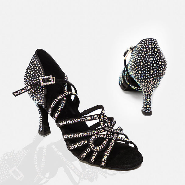 Luna Shine Women's Latin Dance Shoes in Satin with Rhinestones, Strappy Open Toe and Cushioning for Salsa, Tango and Performance
