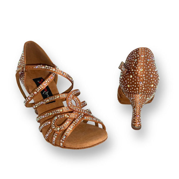 Luna Shine Women's Latin Dance Shoes in Satin with Rhinestones, Strappy Open Toe and Cushioning for Salsa, Tango and Performance