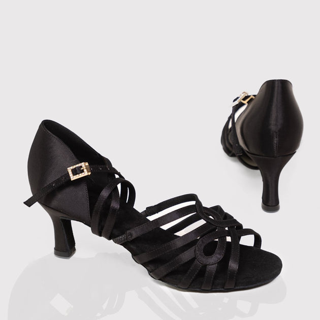 Luna Women's Latin Dance Shoes in Satin with Strappy Open Toe, Gem Buckle and Cushioning for Salsa, Bachata, Tango