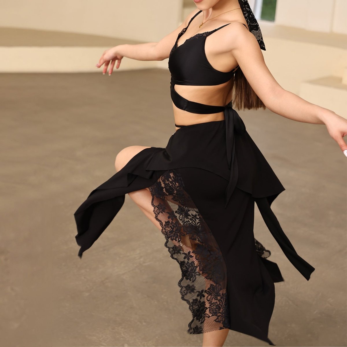 Nyx – Black Asymmetrical Lace Latin Skirt - iLoveDanceShoes