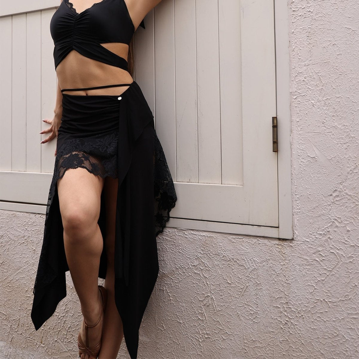 Nyx – Black Asymmetrical Lace Latin Skirt - iLoveDanceShoes