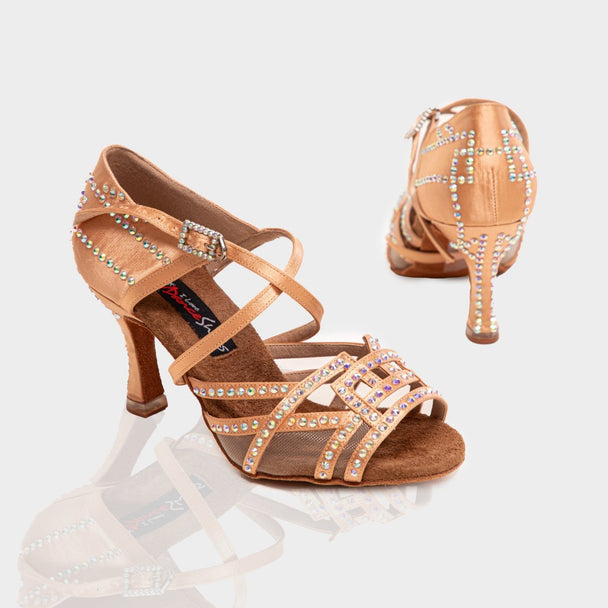 Queen Women's Latin Dance Shoes in Satin with Side Mesh, Crystal Details and Crossover Strap for Salsa, Tango and Latin Dance
