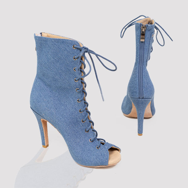 Rhea Peep-Toe Dance Boots in Blue Jean Material with Lace-Up Front, Back Zipper and High Heel for Salsa, Tango and Bachata