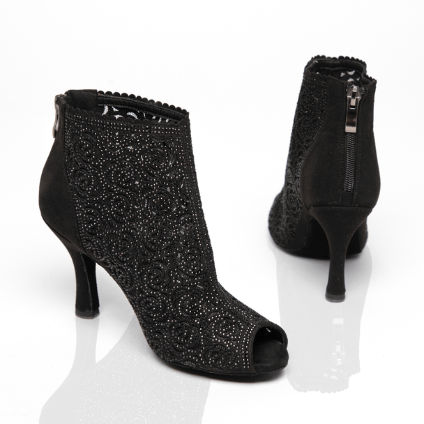 Artemis Suede Peep-Toe Dance Boots with Rhinestones-Stiletto Heel, Zipper Back, and Suede Sole for Latin and Argentine Tango
