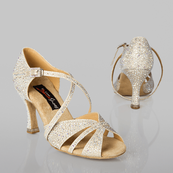Brilliant Women's Latin Dance Shoes in Silver Satin with Crystal Detail and Cushioning for Salsa, Bachata, Tango and More