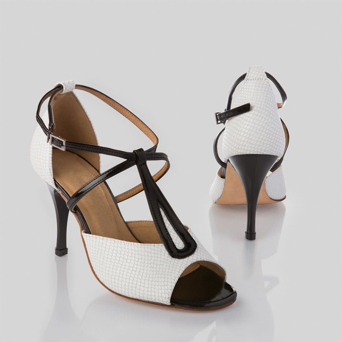 Calla Women's Dance Shoes with Snake Skin Pattern, T-Strap, and Open Toe – Ideal for Tango, Salsa, and Other Latin Dances