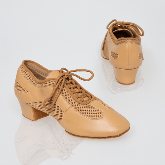 Champagne Women's Practice Dance Shoes-Soft Leather and Mesh, Cuban Heel, Breathable, Ideal for Salsa, Latin, and Ballroom