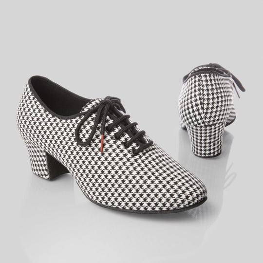 Chloe Women's Practice Dance Shoes in Black & White Tartan, Cotton Material, Rounded Toe, Supportive Sole for Bachata, Salsa