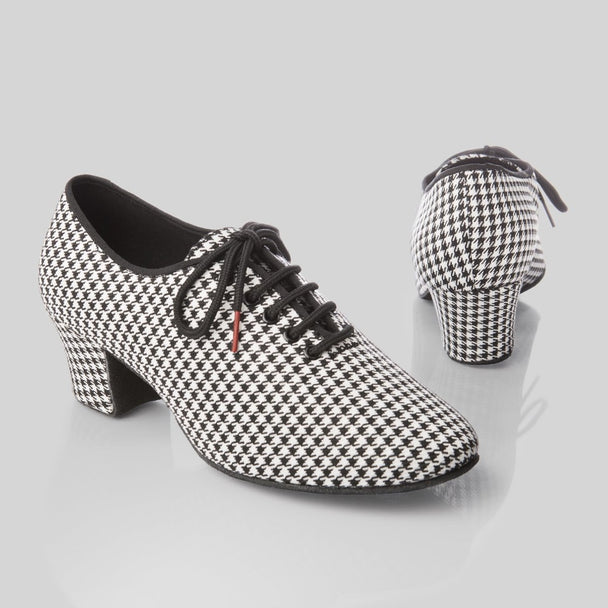 Chloe Women's Practice Dance Shoes in Black & White Tartan, Cotton Material, Rounded Toe, Supportive Sole for Bachata, Salsa