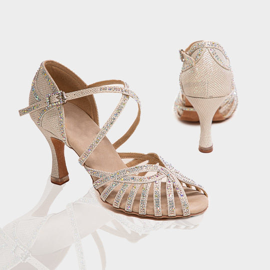 Dazzle Women's Latin Dance Shoes in Silver Satin with Crystal Details and Cushioning for Salsa, Bachata, Tango and Wedding Dance