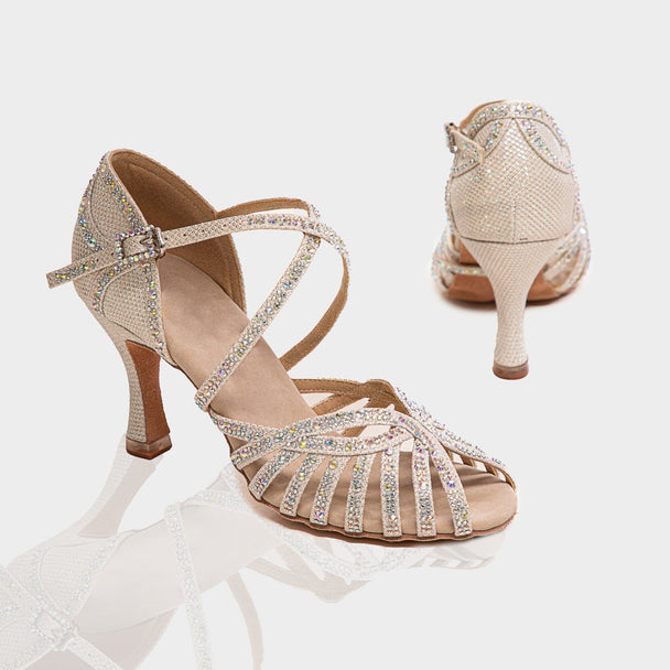 Dazzle Women's Latin Dance Shoes in Silver Satin with Crystal Details and Cushioning for Salsa, Bachata, Tango and Wedding Dance