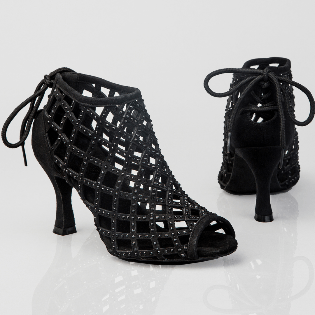 Felicia Peep-Toe Dance Boots with Lace-Up Back, Rhinestones and Cushioning for Comfort in Salsa, Tango, Bachata, Latin Dance