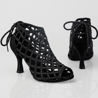 Felicia Peep-Toe Dance Boots with Lace-Up Back, Rhinestones and Cushioning for Comfort in Salsa, Tango, Bachata, Latin Dance