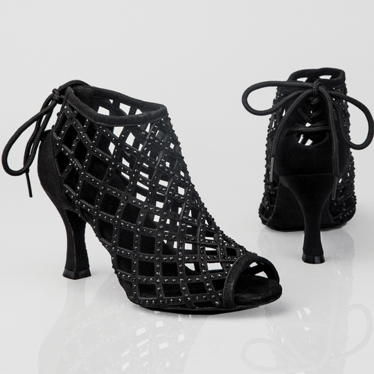 Felicia Peep-Toe Dance Boots with Lace-Up Back, Rhinestones and Cushioning for Comfort in Salsa, Tango, Bachata, Latin Dance