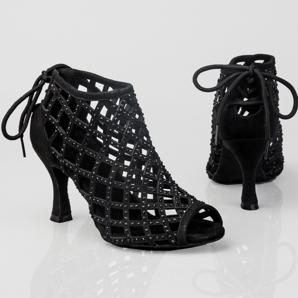 Felicia Peep-Toe Dance Boots with Lace-Up Back, Rhinestones and Cushioning for Comfort in Salsa, Tango, Bachata, Latin Dance