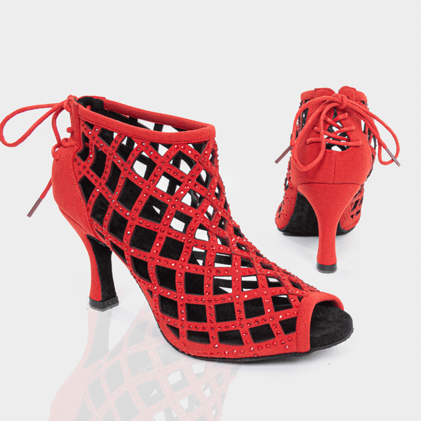 Felicia Peep-Toe Dance Boots with Lace-Up Back, Rhinestones and Cushioning for Comfort in Salsa, Tango, Bachata, Latin Dance
