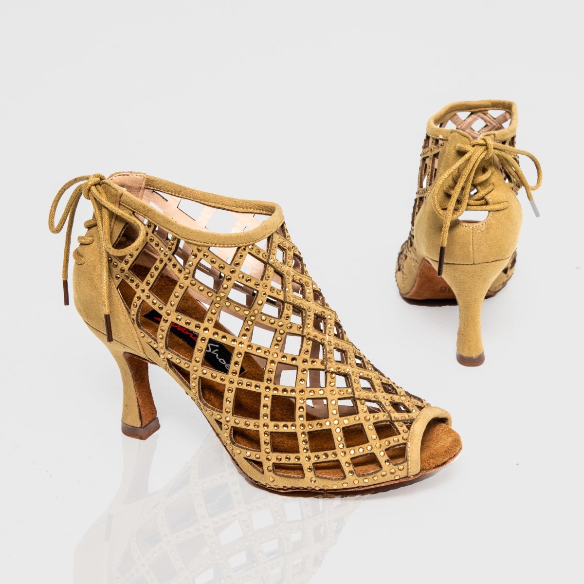 Felicia Peep-Toe Dance Boots with Lace-Up Back, Rhinestones and Cushioning for Comfort in Salsa, Tango, Bachata, Latin Dance